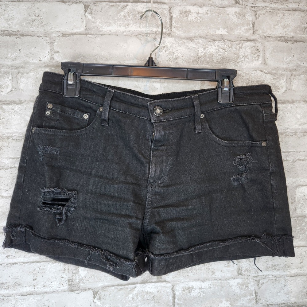 AG Denim Shorts The Hailey Distressed Black Roll Up Ex-Boyfriend 28R